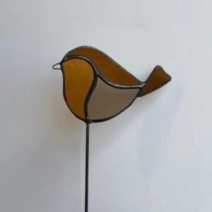 Tiffany glaskunst: een roodborstje op een steel.